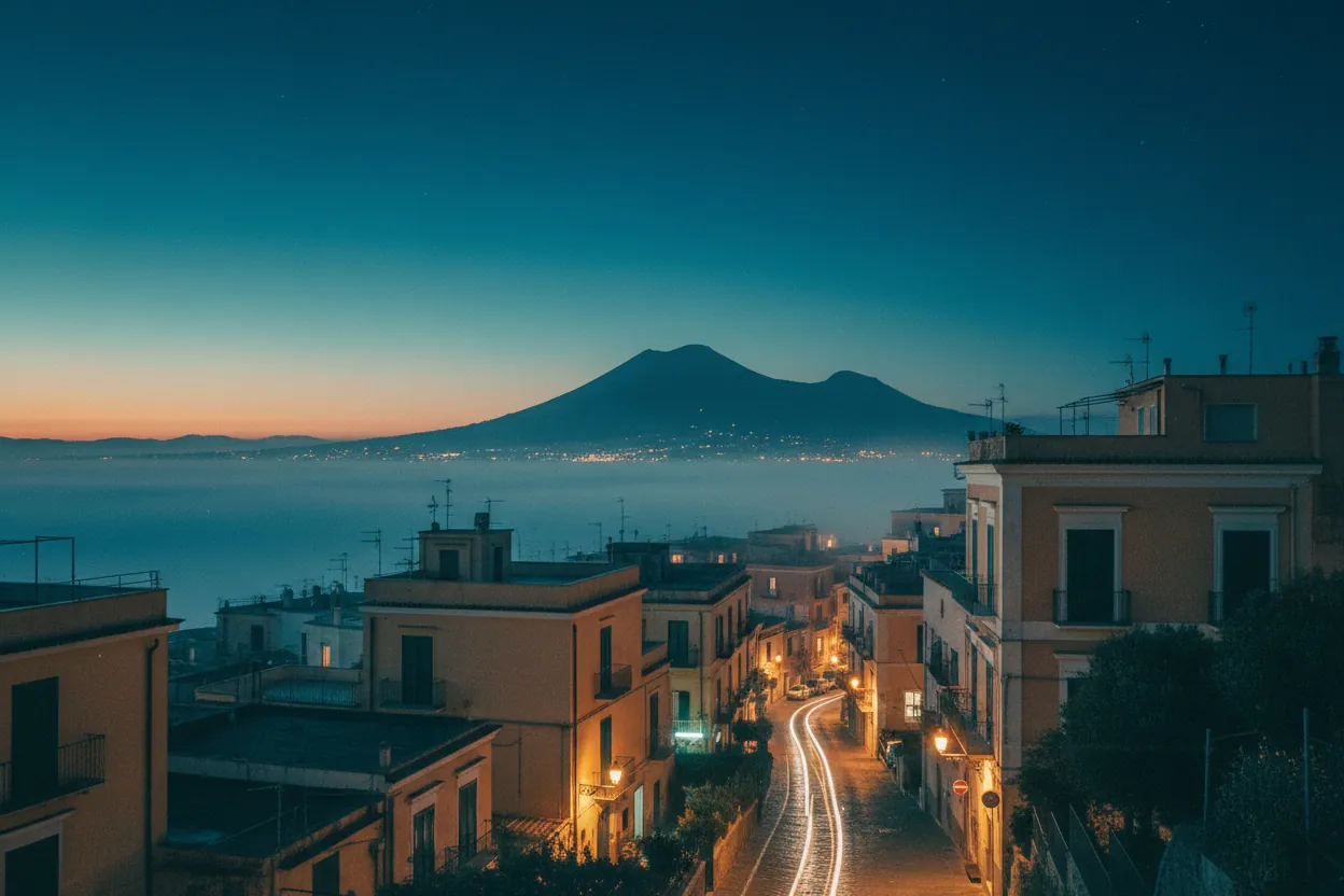 Veduta all'ora blu di un centro della provincia di Napoli, con il Vesuvio sullo sfondo